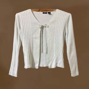 Women’s Small Vintage Tangents Off-White Ribbed Knit Tie-Front Cardigan Sweater